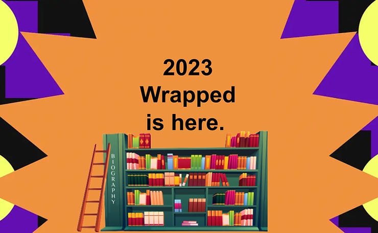 Wrap of books of 2023 illustrated as a Spotify-style year in review with a bookshelf.
