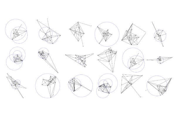 A computer image of fifteen different geometric figures with simple lines arranged in three rows of five each on a plain white background.