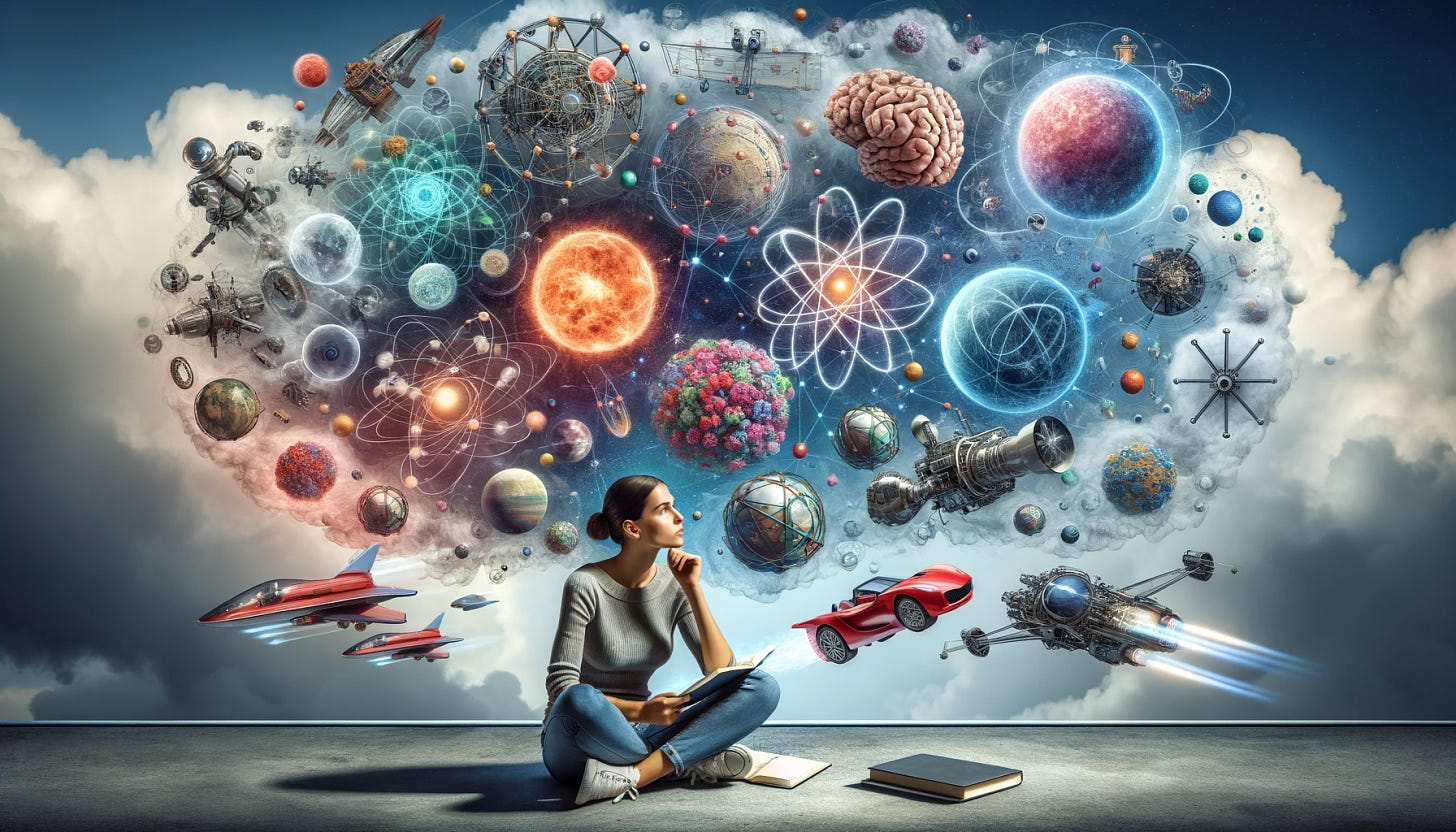 A woman sitting and thinking with a thoughtful expression. Above her head is a thought bubble filled with various audacious goals: a detailed image of the solar system, a complex diagram of an atom, an intricate representation of the human brain, a cluster of cells, and futuristic vehicles like flying cars and advanced spacecraft. The scene is imaginative and inspiring, with vibrant colors and a sense of boundless creativity.