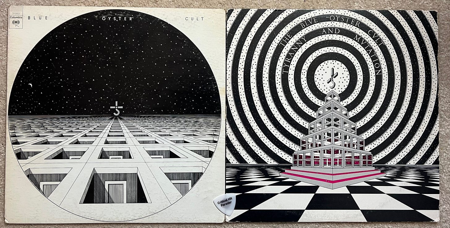 Album covers for Blue Oyster Cult's first two albums featuring the futuristic architectural drawings of Bill Gawlick