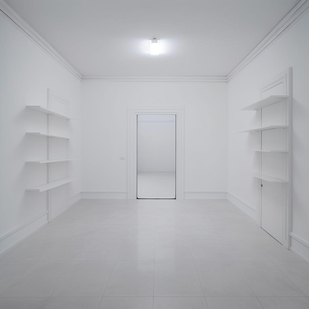 An empty room with shelves. Everything is white