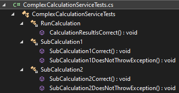Figure 3: Solution Explorer showing the ComplexCalculationServiceTests class expanded to the method level