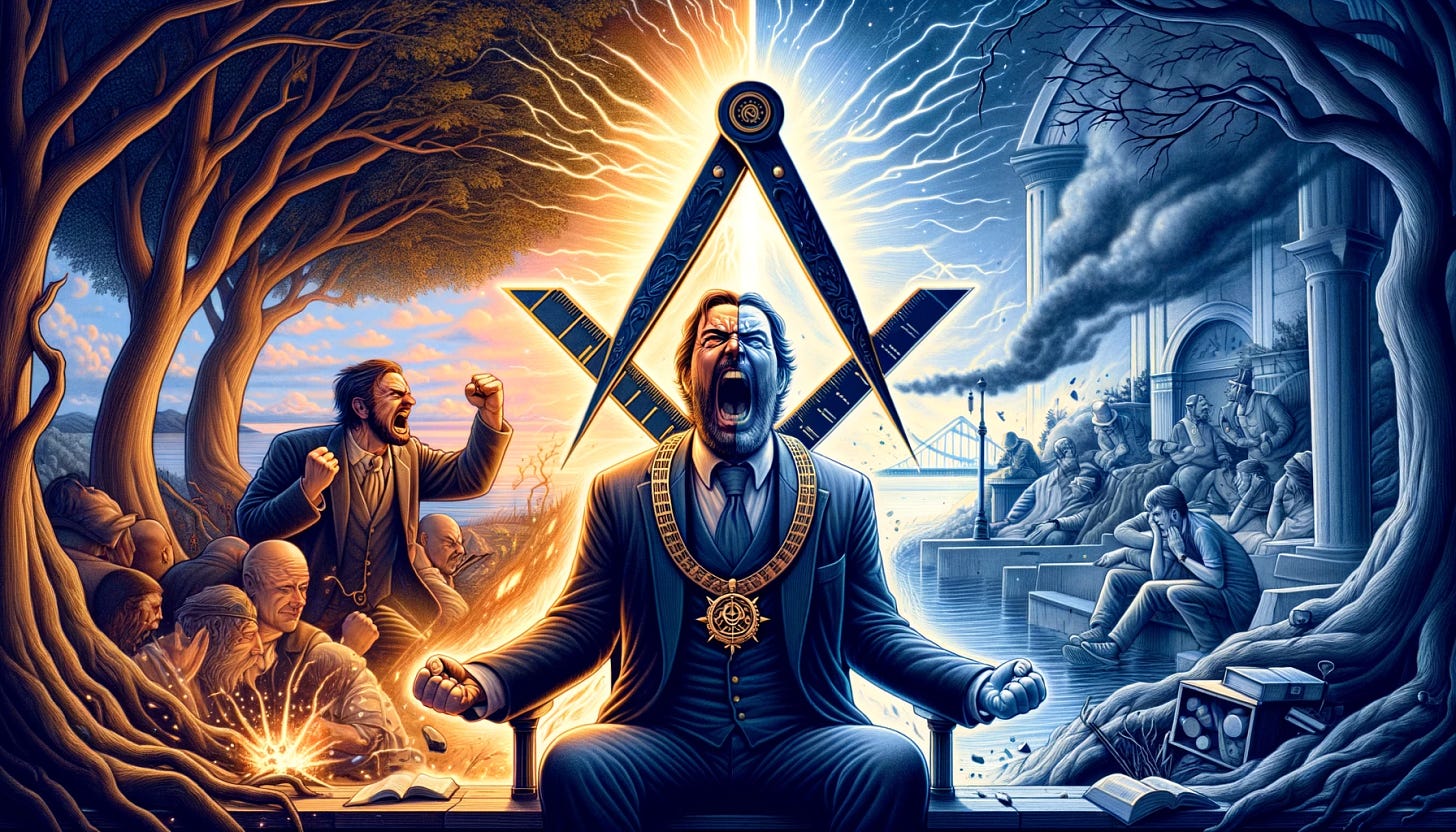 A 16:9 horizontal illustration depicting a symbolic contrast between emotional control and chaos. Foreground: Masonic compasses, intricately detailed, prominently displayed. Background: Left Side: A middle-aged man, angry and frustrated, clenching fists and yelling, amidst a peaceful setting with lush trees, clear sky, and calm river. Wisps of smoke and sparks fly around him. Right Side: Another middle-aged man, calm and composed, holding a book, in a chaotic setting with burning buildings, panicked people, and debris. A gentle light emanates from him. The illustration emphasizes the stark contrast between uncontrolled emotions and balance and reason, with the Masonic compasses symbolizing the path towards inner peace and self-mastery.