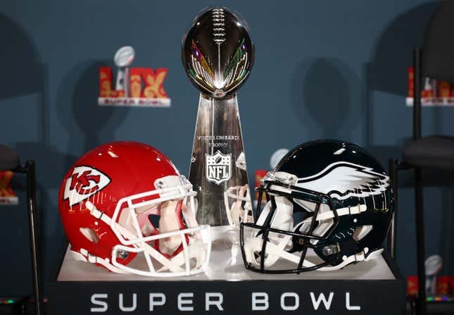 A Kansas City Chiefs helmet, the Vince Lombardi Trophy and a Philadelphia Eagles helmet are seen before the NFL Commissioner Roger Goodell’s Super Bowl Press Conference ahead of Super Bowl LIX at Caesars Superdome on February 03, 2025 in New Orleans, Louisiana. 