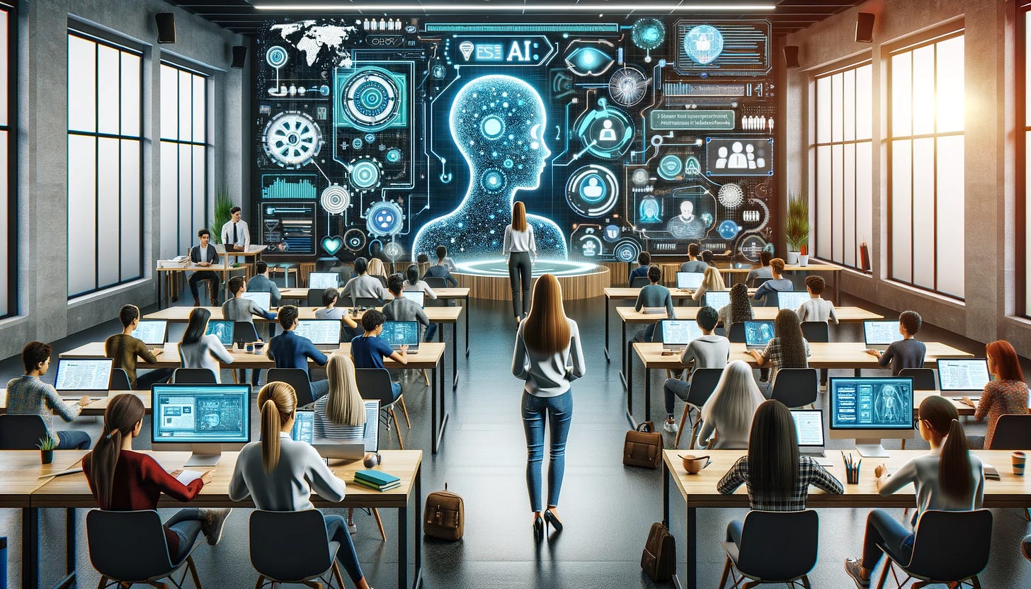 An image of a futuristic classroom with lots of students at tables with computers.  At the front of the class is a giant electronic screen the size of the walk with all sorts of visuals indicating technology.  