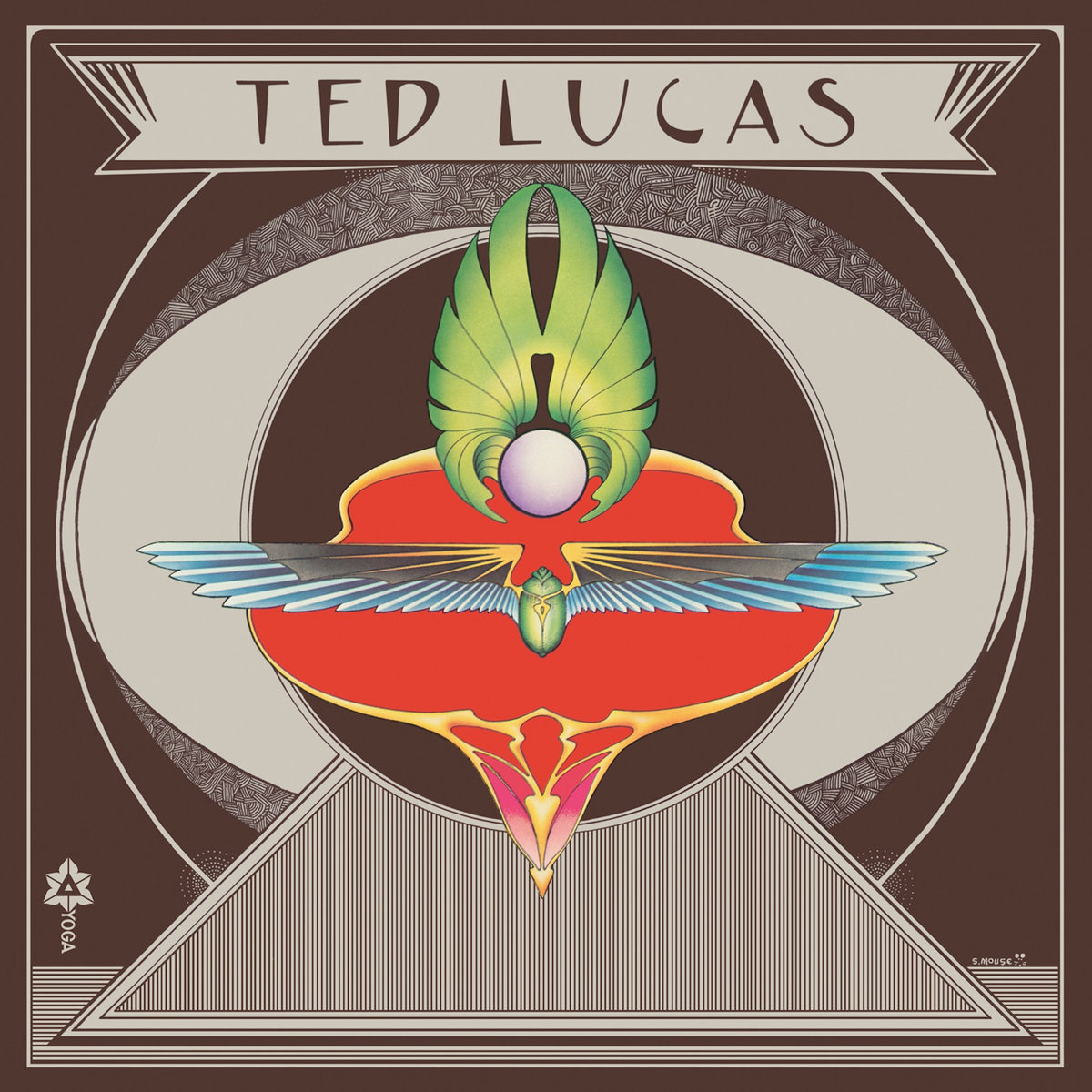 The album cover for Ted Lucas' self-titled album, featuring a winged green scarab beetle over a psychedelic red insignia on a brown background.