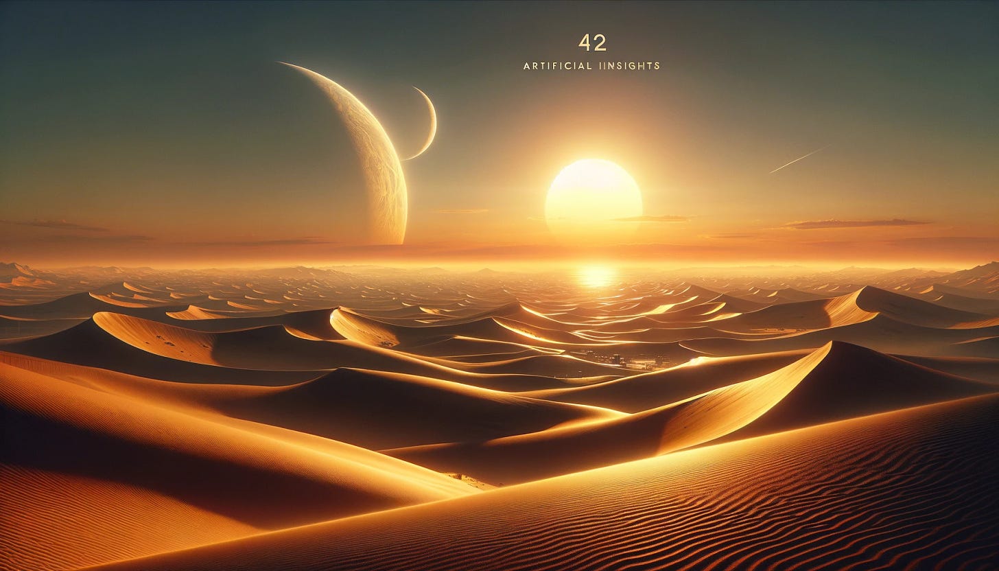 Create a wide horizontal image displaying the stunning desert landscape of Arrakis at dawn or dusk, emphasizing the planet's iconic vast sand dunes. The scene should be bathed in the soft, warm glow of the setting or rising sun, casting long shadows and highlighting the textures of the sand. The sky, clear and devoid of clouds to reflect the desert planet's climate, should feature two distinct moons, aligning with the lore of Arrakis. In the background, embed LARGE, bold text that reads "artificial insights" alongside the number "42", making sure these elements are prominent yet harmoniously integrated with the desert's natural beauty. The overall composition should convey a sense of wonder and the unique characteristics of this fictional world.