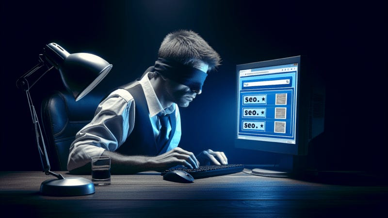 A man in a blindfold uses a computer that says SEO