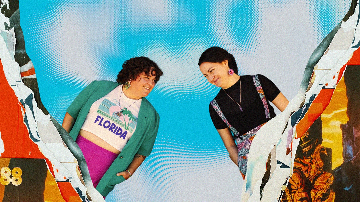 Jamie and Charlie are two smiling women with short brown hair wearing bright-coloured clothing, coming out of ripped magazine pages.