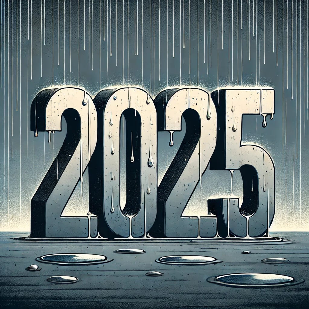 A simple and clear depiction of the year '2025' with each digit clearly separated and distinct. The numbers are slumped and drooping slightly to convey sadness, using muted and dark colors. The background features a rainy, overcast scene with raindrops falling and small puddles forming around the base of the numbers. The overall design is clean and straightforward, with a somber mood focused on the year '2025.'