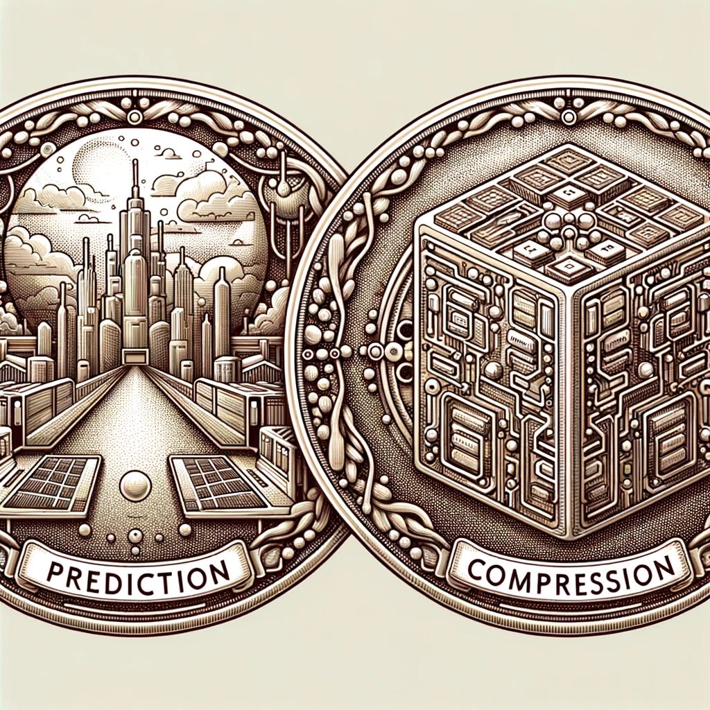 Illustration of an ornate coin. One side labeled 'Prediction' with a futuristic skyline. The other side labeled 'Compression' with a compact data block design.