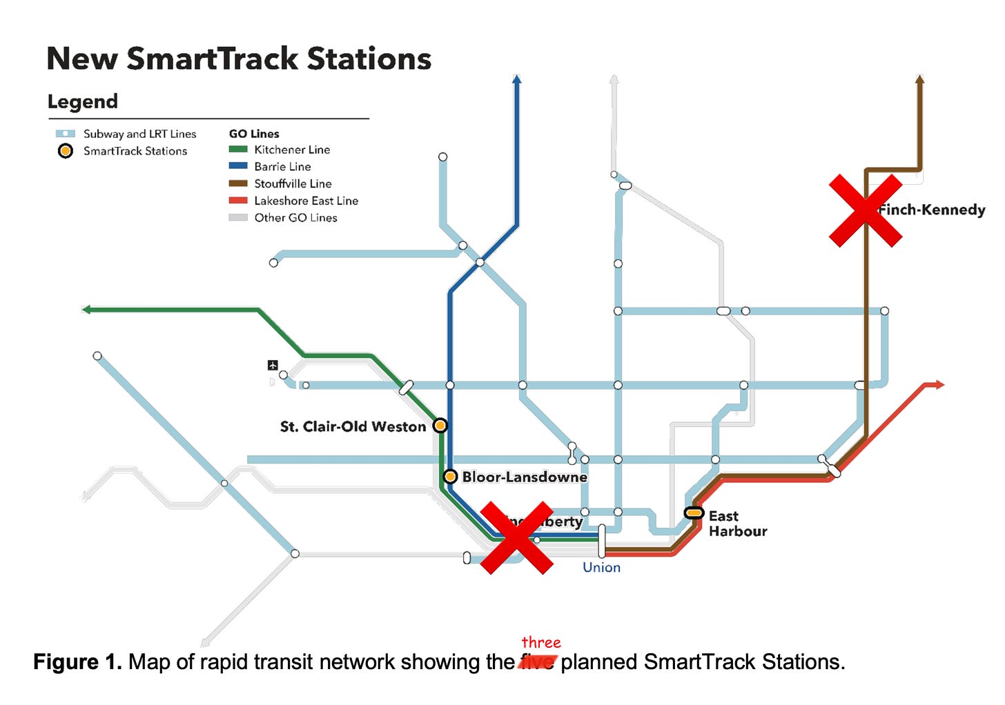 Map of SmartTrack plan, with King-Liberty and Finch-Kennedy Stations crossed out as per staff proposal