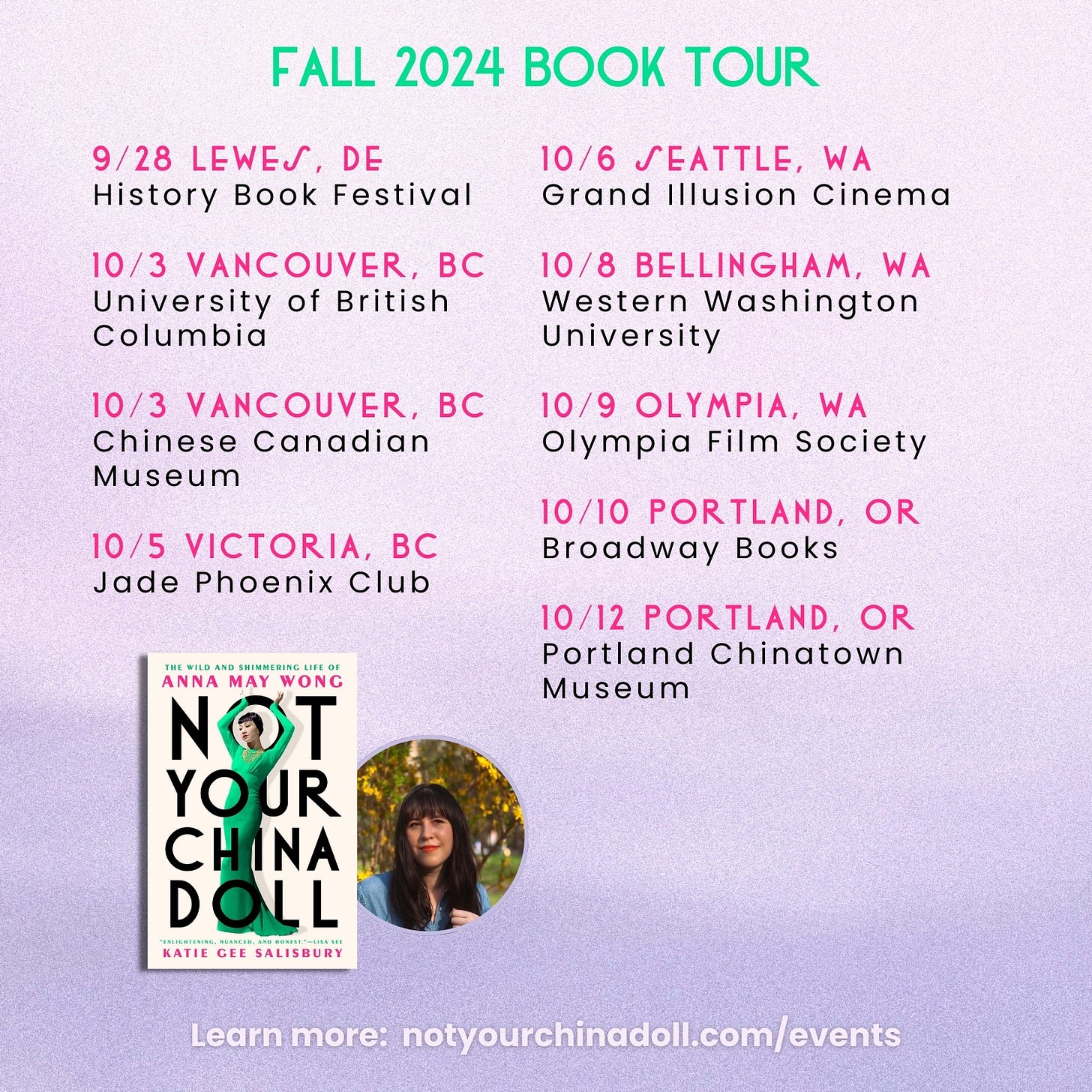 flyer for fall 2024 book events, visit notyourchinadoll.com/events for more info