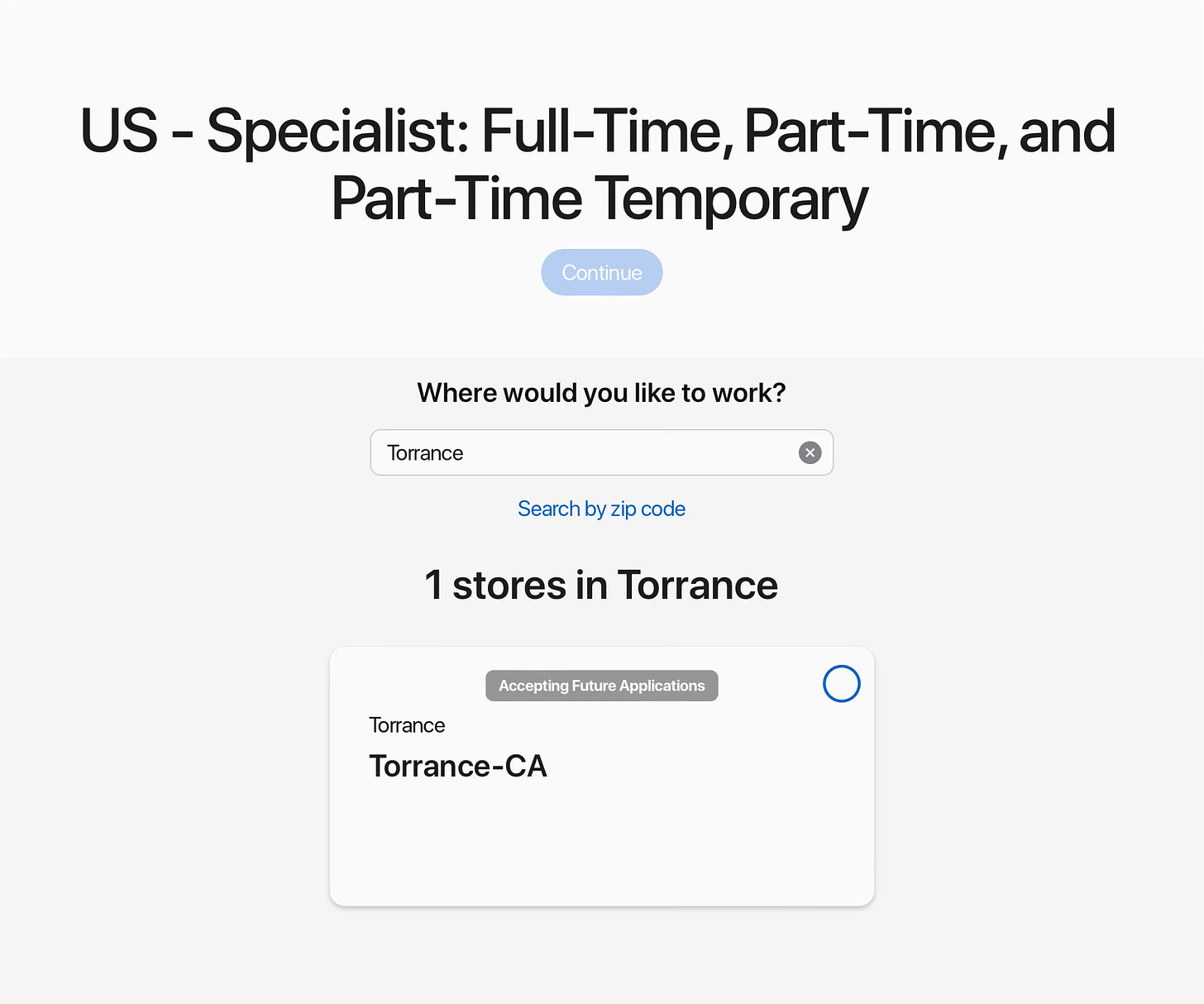 A screenshot of Apple.com displaying "1 stores in Torrance."