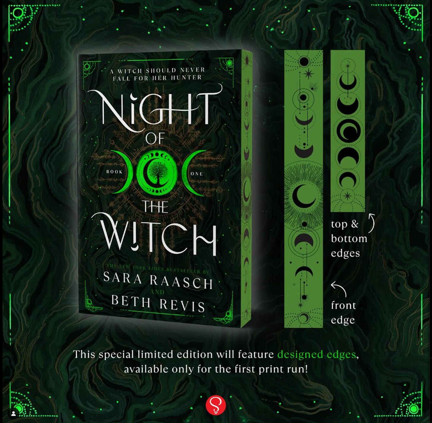 Graphic showing the sprayed edge design for Night of the Witch--green borders with black moons