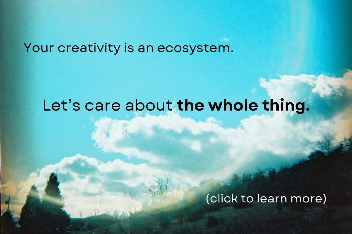 A saturated film photo of a teal blue sky, white clouds, and some trees in the background landscape. Text reads: "Your creativity is an ecosystem. Let's care about the whole thing. (click to learn more)