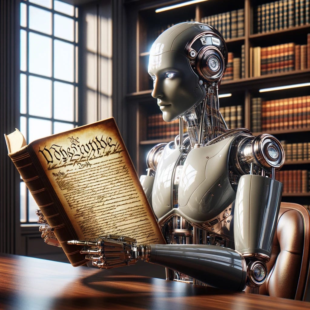 A futuristic artificial intelligence language model, depicted as a sleek humanoid robot with a metallic, chrome-like finish, sitting at a classic wooden desk in a well-lit, modern library. The robot is portrayed with a focused expression, reading a large, antique copy of the constitution, with its finger pointing at a specific section, symbolizing careful consideration of the rules. The setting exudes an aura of wisdom and technology merging, with bookshelves filled with various books in the background.