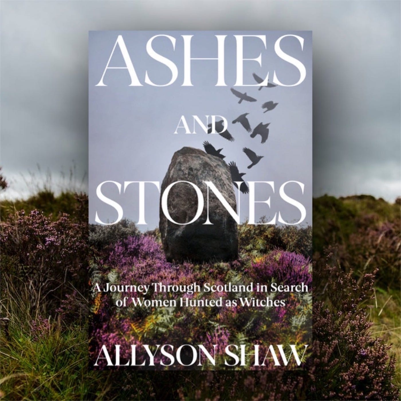 Image of Ashes and Stones, US Edition. The title is in white over a gloomy Scottish sky. A standing stone is in a heathery landscape and a murder of crows takes flight in the background. 