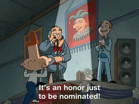 GIF from Hey Arnold captioned It's an honor just to be nominated! You're all winners, guys!" while being given a ceremonial cape.