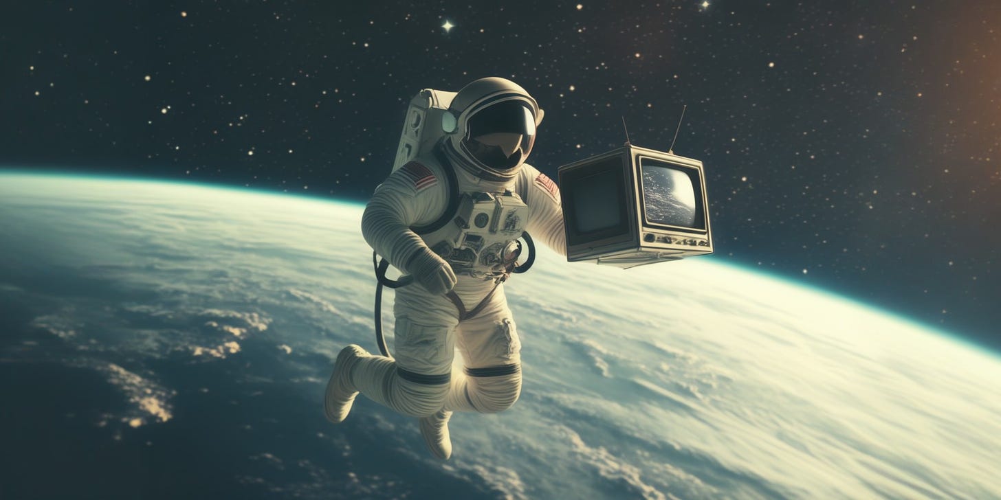 An astronaut floating above Earth with a vintage CRT TV set