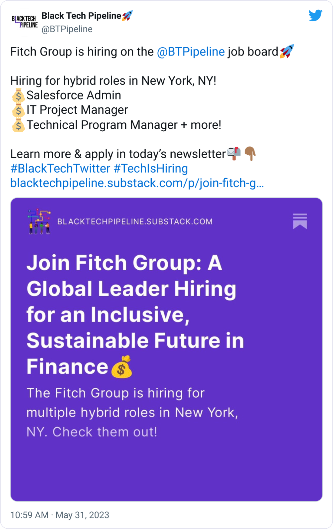 Black Tech Pipeline🚀 @BTPipeline Fitch Group is hiring on the  @BTPipeline  job board🚀  Hiring for hybrid roles in New York, NY! 💰Salesforce Admin 💰IT Project Manager 💰Technical Program Manager + more!  Learn more & apply in today’s newsletter📬👇🏾 #BlackTechTwitter #TechIsHiring https://blacktechpipeline.substack.com/p/join-fitch-group-a-global-leader
