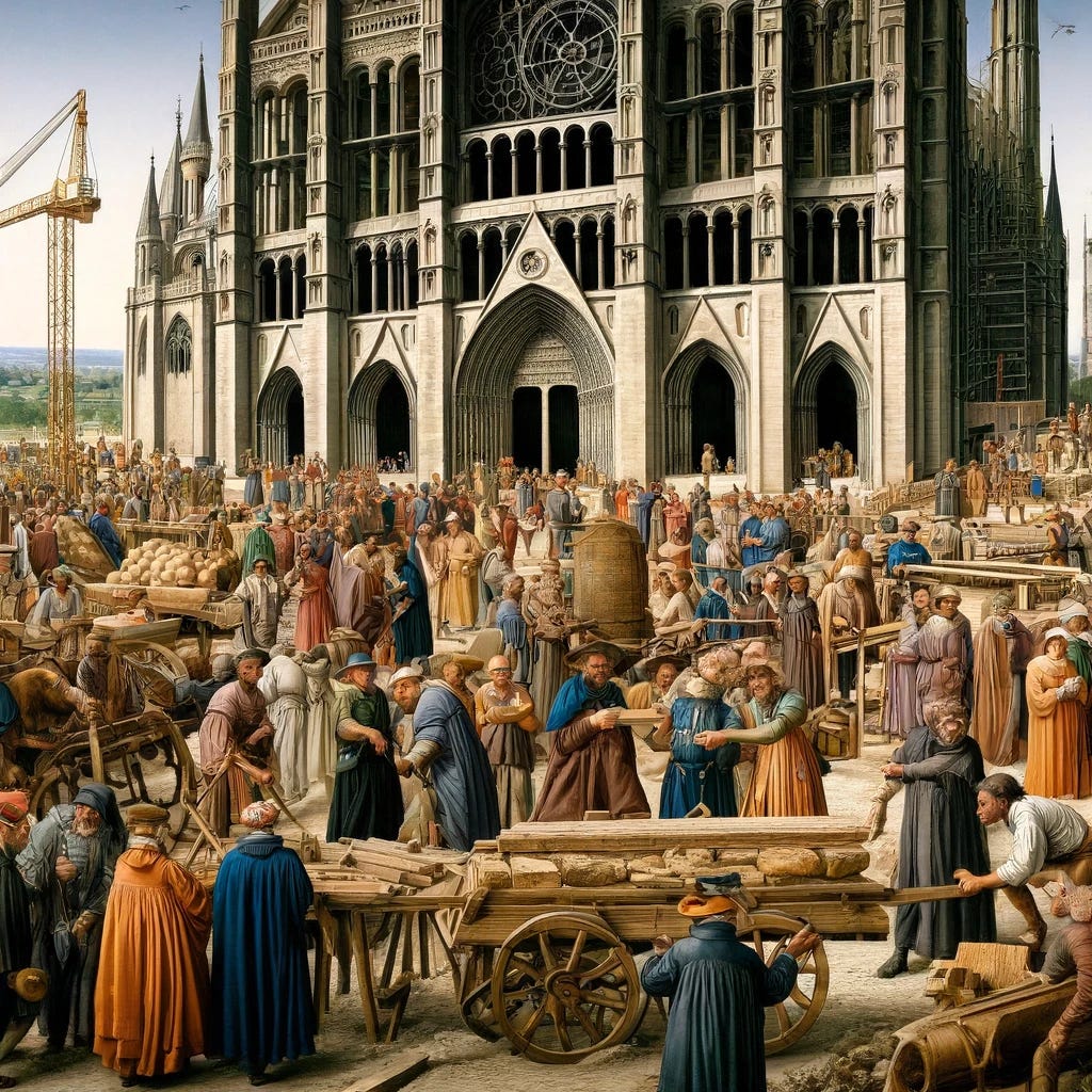A bustling medieval construction site for a grand cathedral, depicting a diverse group of people including nobles, common folk, and clergy. They are all actively participating in the building process, some hauling heavy stones on carts, others in discussion, and a few overseeing construction plans. The scene embodies harmony and shared purpose, highlighting early scientific thinking. The background features the partially constructed cathedral, emphasizing its grandeur and the collective ambition.