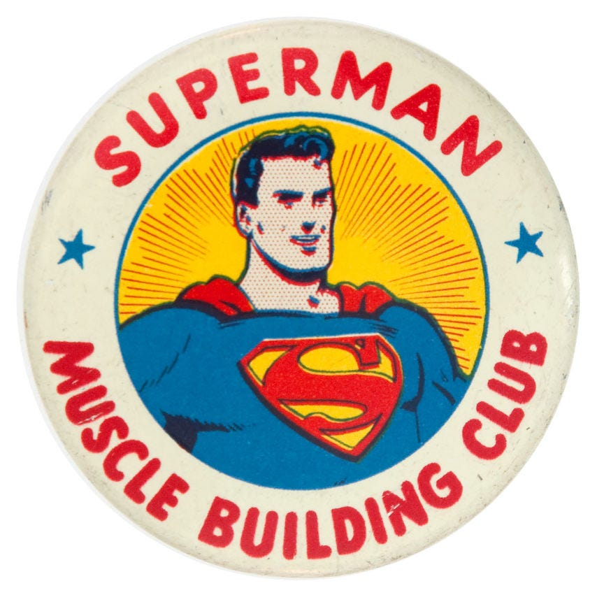 Hake's - "SUPERMAN MUSCLE BUILDING CLUB" CERTIFICATE & BUTTON.