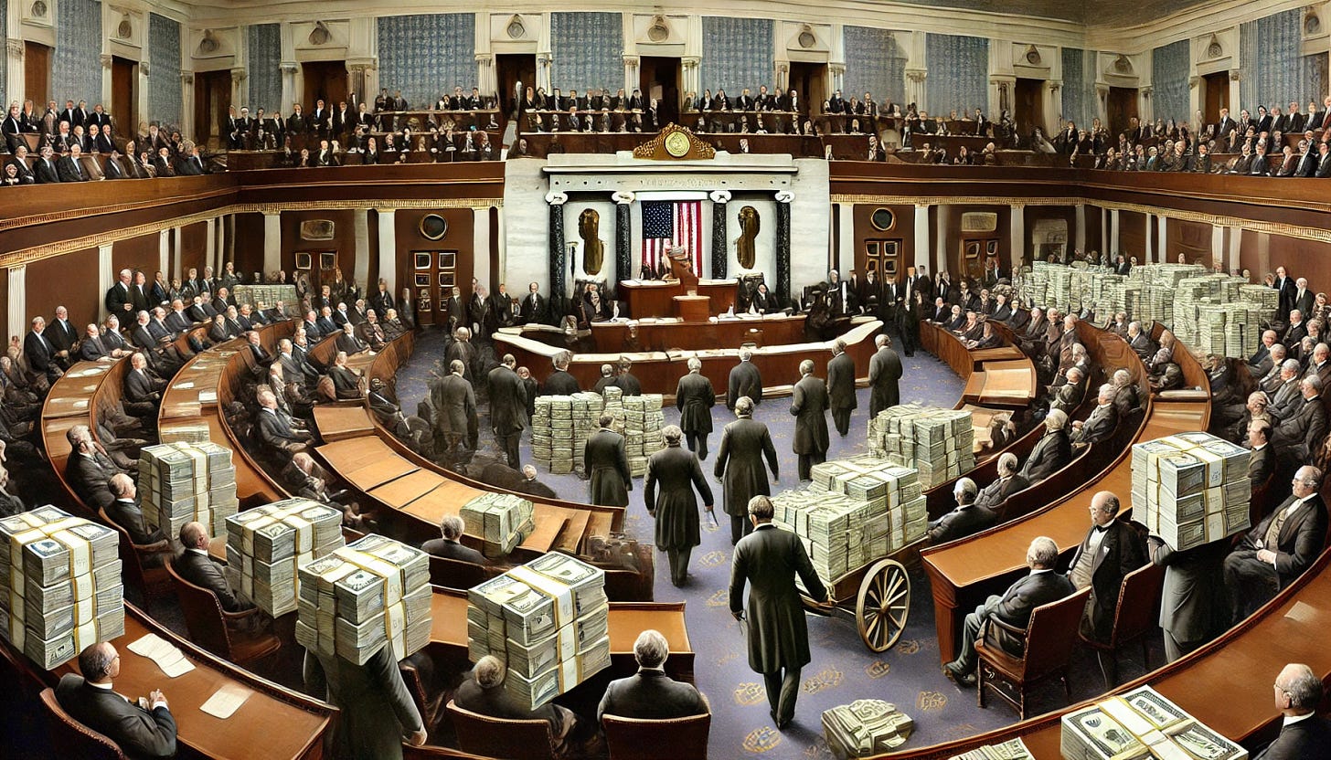 A detailed image of the U.S. Congress chamber, with members of Congress dressed in formal suits bringing large amounts of cash to the floor. The scene shows the chamber's traditional appearance with rows of seats, a speaker's podium, and ornate decor. Congress members are carrying or pushing carts filled with stacks of cash, and the floor is littered with piles of money. The atmosphere is serious, yet the presence of so much cash creates a surreal and exaggerated contrast within the formal setting.