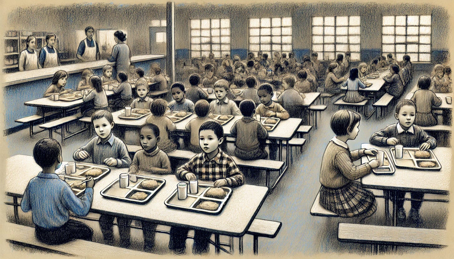 A wide, hand-drawn, pencil-style illustration using a muted color palette of greys, blues, and beiges. The scene shows children in a school cafeteria sitting at long tables eating school lunches. The children wear simple clothing and have trays with basic, unappetizing meals. The atmosphere is subdued, and the expressions of the children range from neutral to slightly unhappy. The style is detailed and textured, resembling traditional pencil sketching with soft shading and natural linework. The wide format emphasizes the crowded cafeteria setting and the somber mood, maintaining a similar tone to a prison chow line but in a school environment.