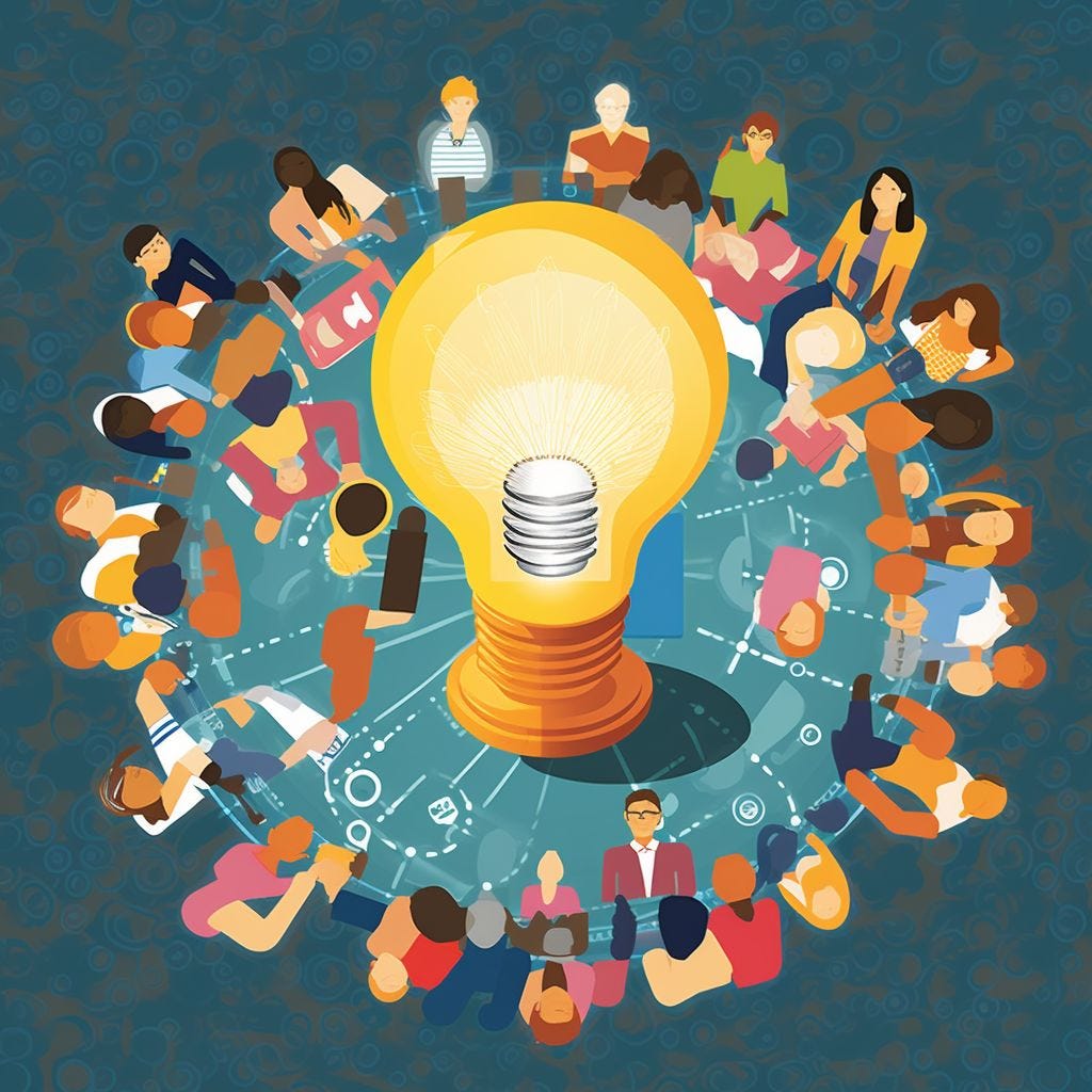 Canadian academic researchers sitting around a table. In the center of the table is a large glowing lightbulb, representing their collective ideas