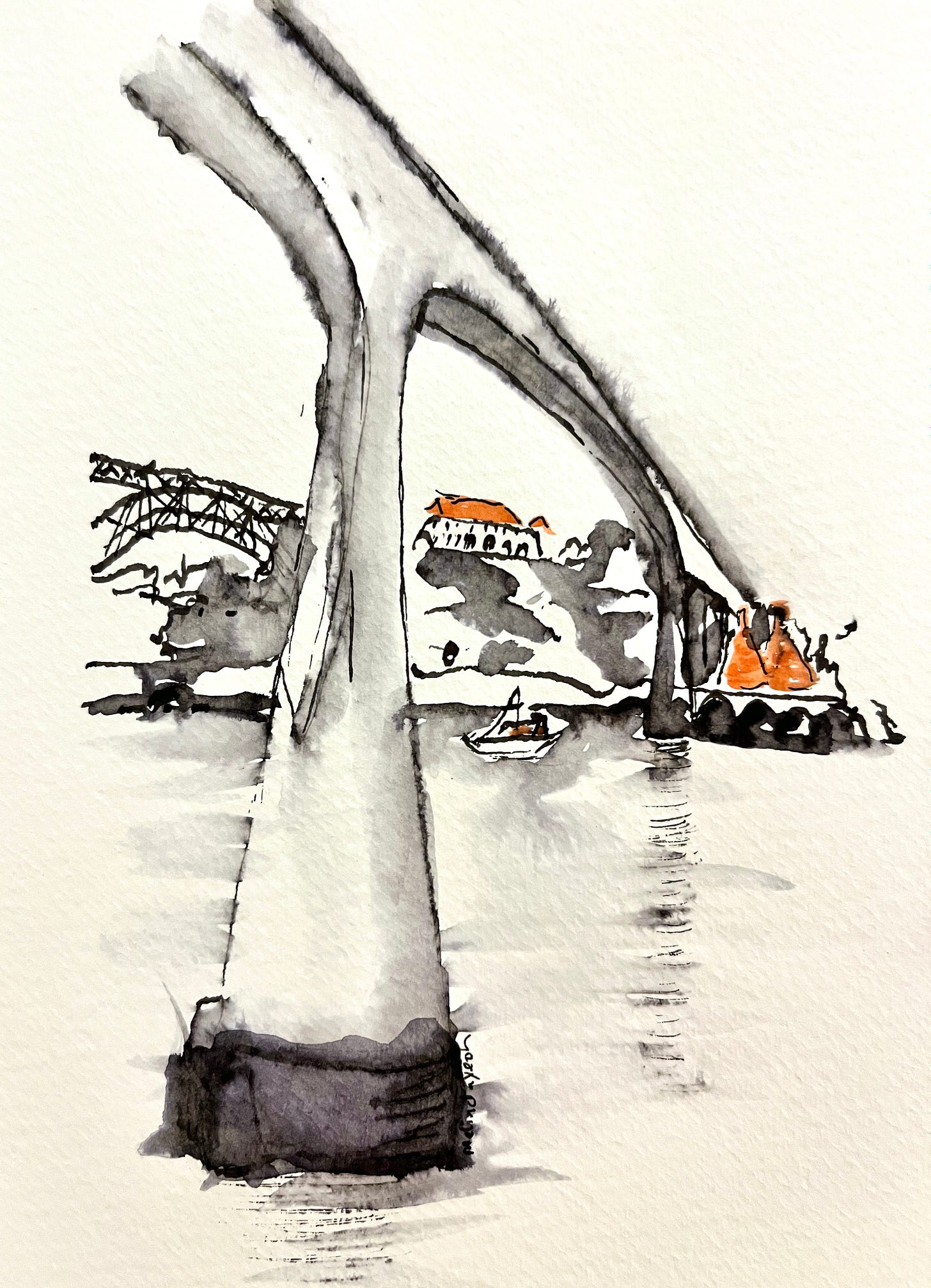 image: a peaceful scene of two bridges along the River Douro in Porto in black ink wash with splashes of orangey red accent colour for the building's roof in the background 