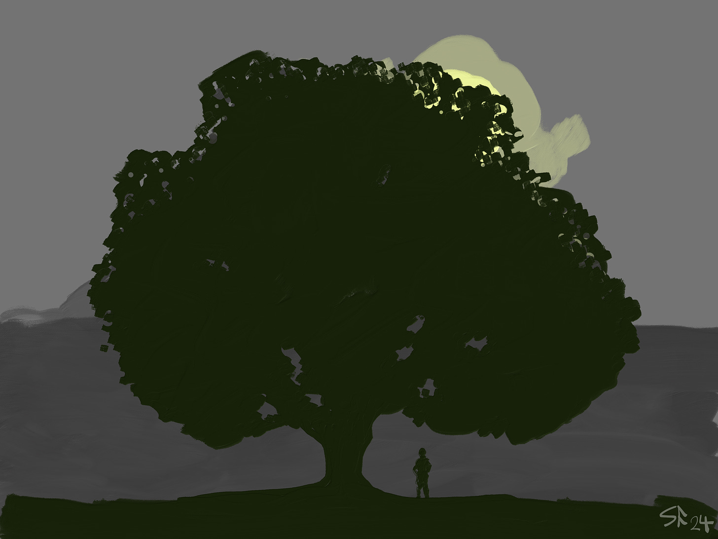 Silhouette of a small human figure next to the trunk of a large tree (walnut) by night. Moon behind tree canopy.