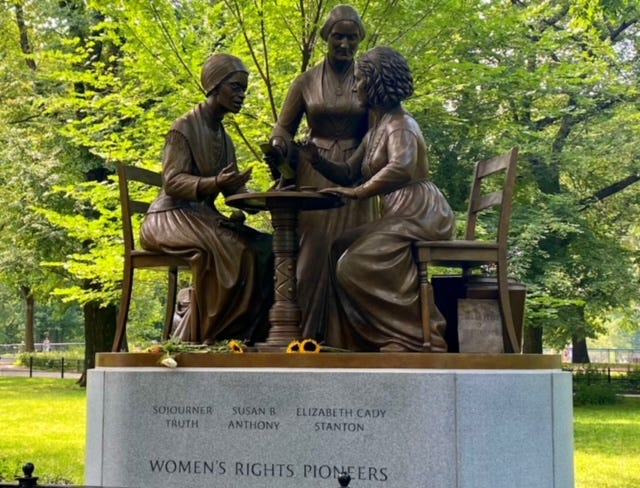 The Women's Rights Pioneers Monument. From this angle, you can see that the sculptor did capture Sojourner Truth's missing finger.