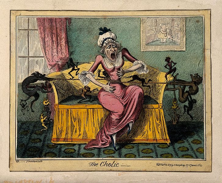 File:A woman suffering the pain of cholic; illustrated by demons Wellcome V0010874.jpg