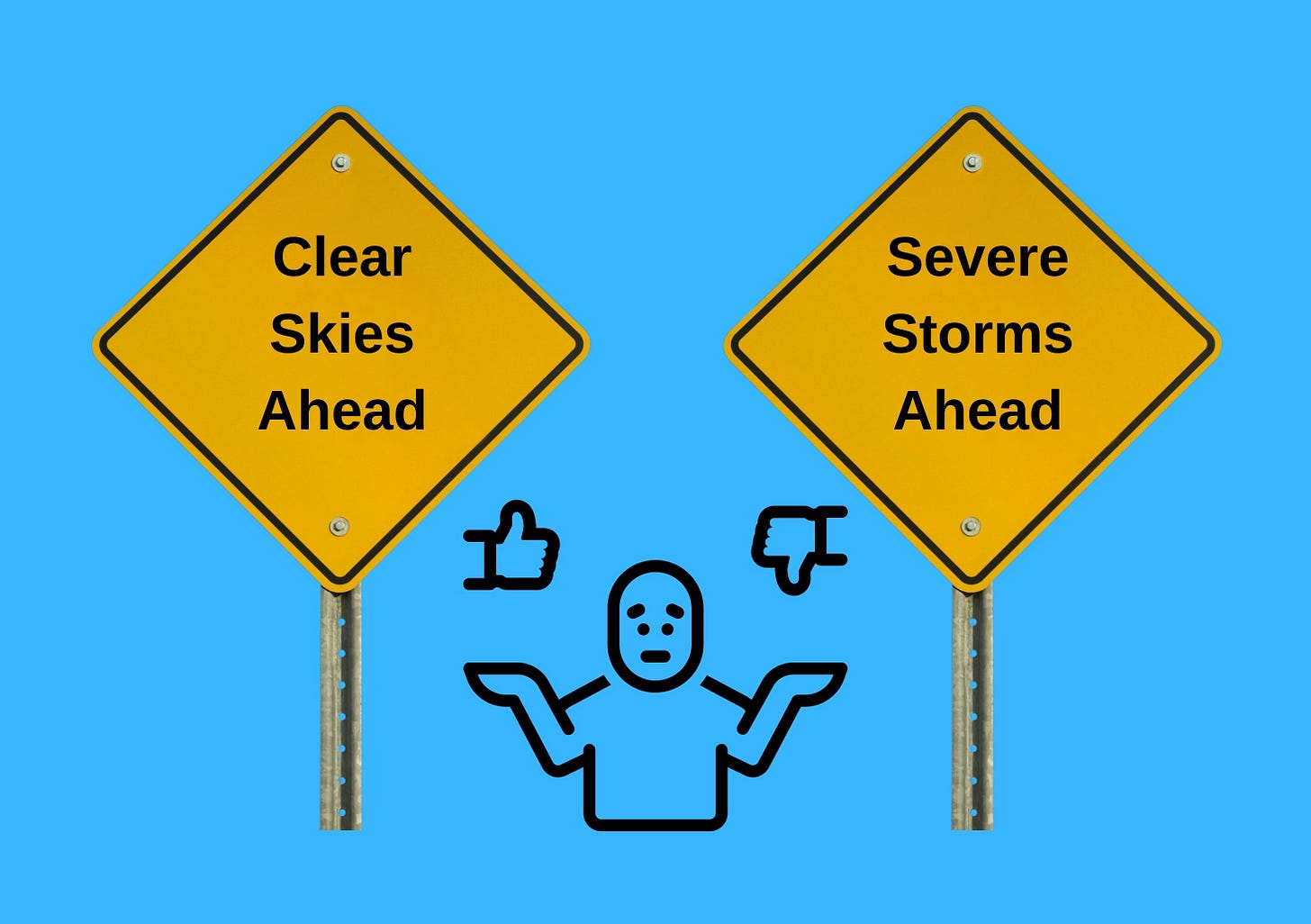 Yellow road sign saying Clear Skies Ahead on the left, yellow road sign saying Severe Storms Ahead on the right, and a graphic of a person shrugging their shoulders with a thumbs up on the left and thumbs down on the right.