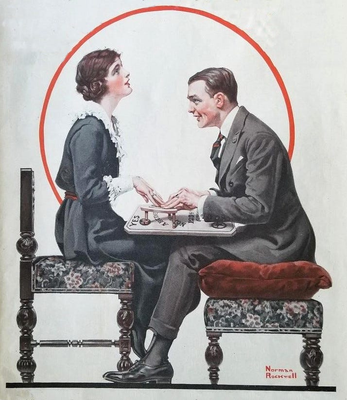 A jolly looking couple sit with knees touching as they play at fortunetelling with a Ouija board in this Normal Rockwell illustration. A jolly looking couple sit with knees touching as they play at fortunetelling with a Ouija board in this Normal Rockwell illustration.