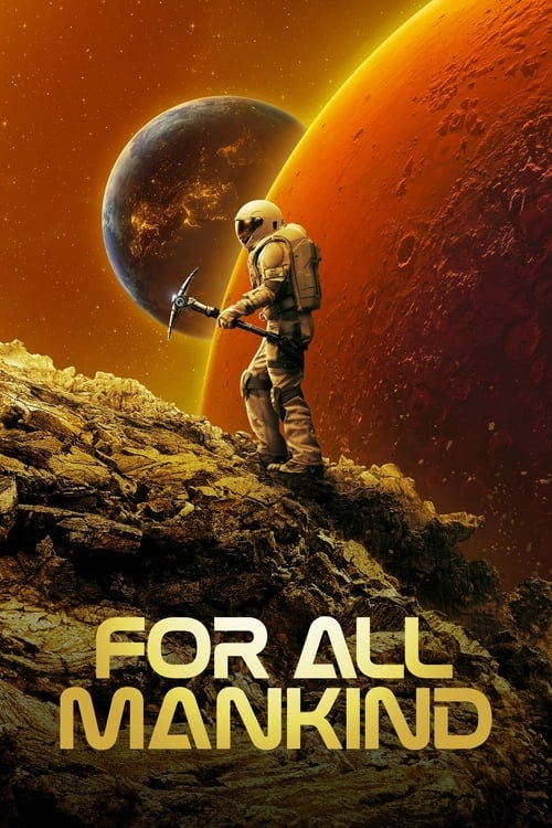 Image of a person in a spacesuit with the earth in the background and for some reason, carrying a pick axe