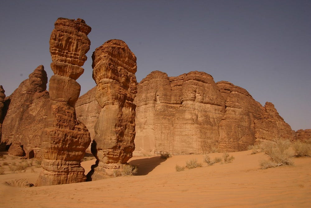 Dramatic rock formations in the northwest Saudi Arabian province of Madinah at a site called Al-Ula. This region has been occupied for at least 7,000 years, and is also home to ancient buildings carved directly into the rock. Image credit: Retlaw Snellac Photography via Flickr.