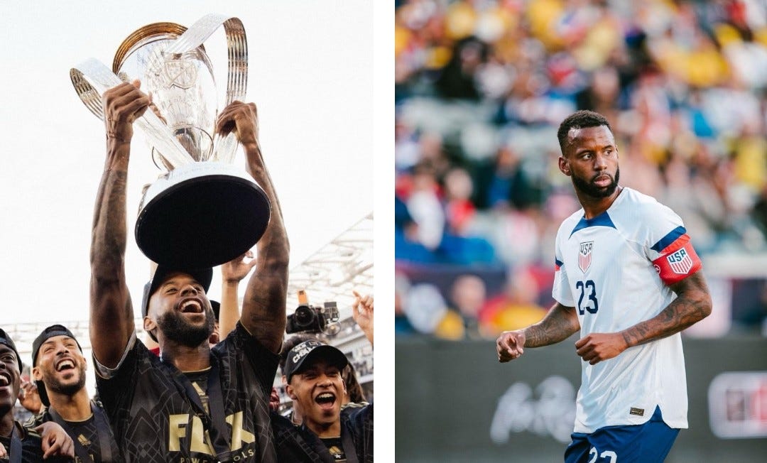 Kellyn Acosta holding the MLS Cup with LAFC and wearing the captain's armband for the USA.
