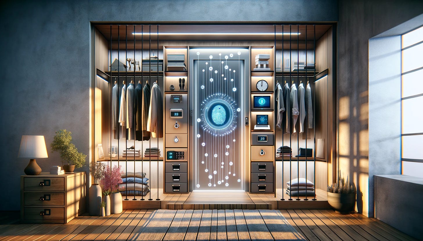 a personal digital storage space that resembles a walk-in closet, with an innovative twist. The space is divided into two distinct halves: one side features traditional clothing items hanging neatly, representing the tangible aspects of personal space, while the other side displays digital data organized in a similar manner, symbolizing the intangible aspects of an individual's life. This setup should visually communicate the integration of physical and digital realms within a single personal space. The biometric locks serve as a bridge between these two worlds, ensuring security and accessibility. The evening light should softly illuminate both sides, enhancing the cozy and intimate atmosphere of the home setting, while also highlighting the advanced security features. The aesthetic should be clean, sophisticated, and balanced, emphasizing the seamless blend of the personal and digital.