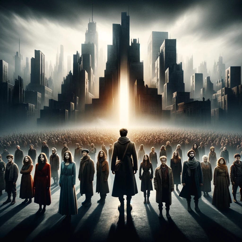 A dramatic and symbolic image representing the moment when people have nothing left to lose against a totalitarian regime. The scene is set in a dystopian future with a dark, oppressive skyline in the background, dominated by monolithic, shadowy structures symbolizing the regime. In the foreground, a diverse group of people stand resiliently, their expressions determined and defiant. They are of various descents and genders, embodying unity and strength. The atmosphere is tense yet hopeful, capturing the spirit of resistance and the turning point in their struggle for freedom.