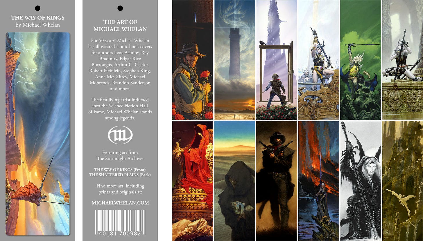 LEFT: front and back of a sample bookmark. Right: Two rows of images featuring front of bookmark images on top and back images below.