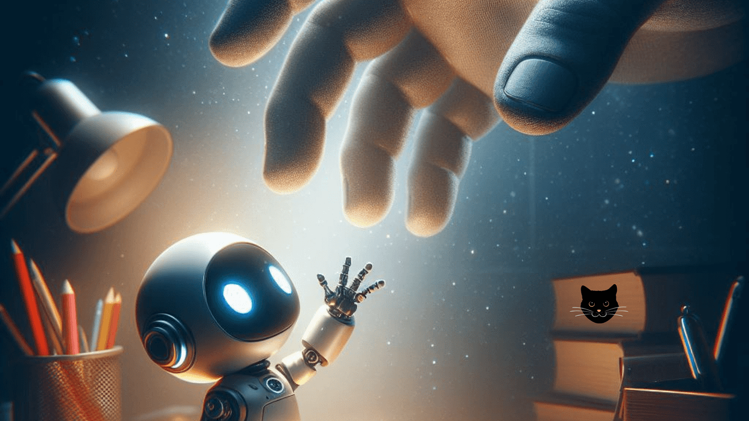 Image of small robot reaching for a huge hand