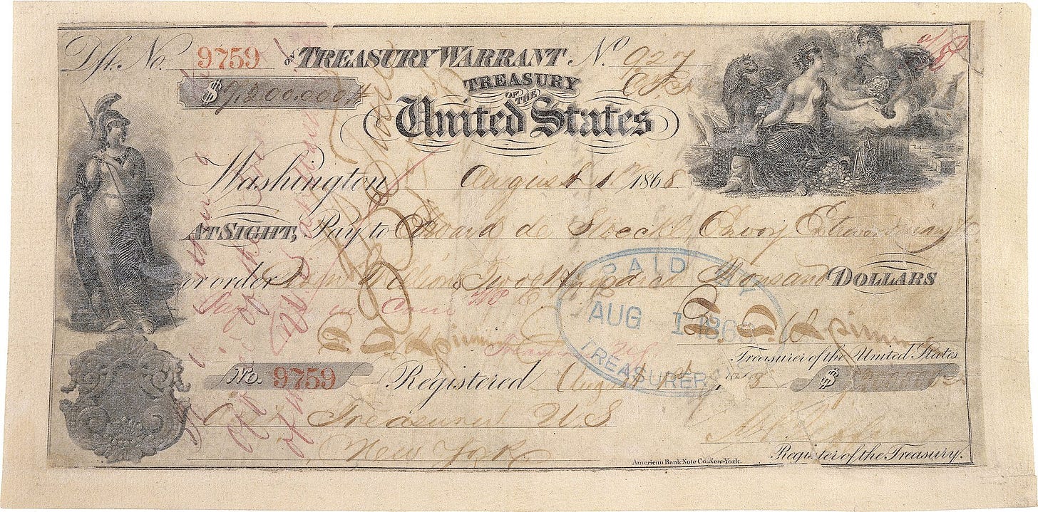 L'assegno con cui gli USA pagarono la Russia per la cessione dell'Alaska nel 1867