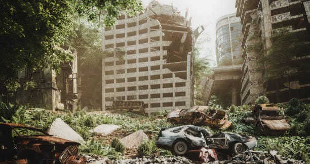 Post Apocalyptic Urban Landscape Digitally generated post apocalyptic scene depicting a desolate urban landscape with buildings in ruins, and overgrown vegetation through the city streets.

The scene was rendered with photorealistic shaders and lighting in Autodesk® 3ds Max 2020 with V-Ray Next with some post-production added. overgrown city stock pictures, royalty-free photos & images