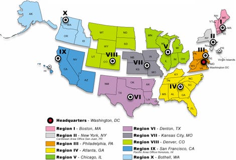 FEMA Regions Map.  A U.S. map with the following FEMA Regions: I-Boston, II-New York, III-Philadelphia, IV-Atlanta, V-Chicago, VI-Denton, VII-Kansas City, VIII-Denver, IX-Oakland, and X-Bothell.