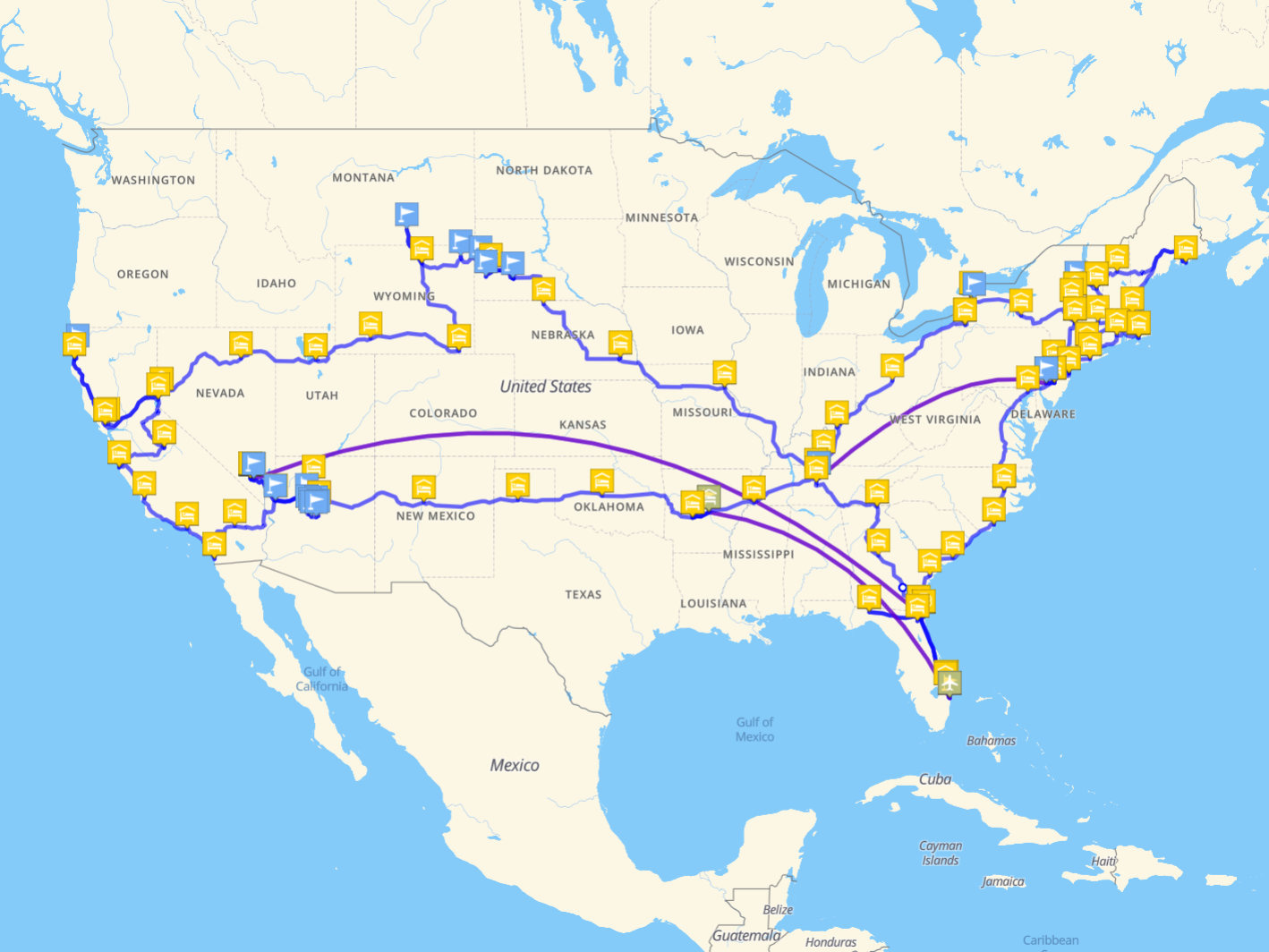 Map of lower 48 states, showing the winding route of our year-plus on the post-pandemic road. Square "bed" icons depict the places we overnighted; blue "flag" icons show side trips and veeeeerry specific routes which had to be plotted by hand, as it were, when the software didn't cooperate.