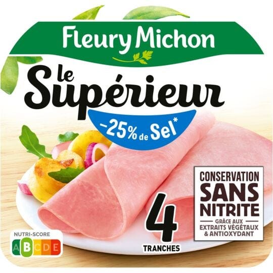Jambon Le Supérieur conservation sans nitrite réduit en sel FLEURY MICHON :  la barquette de 4 tranches - 140 g à Prix Carrefour