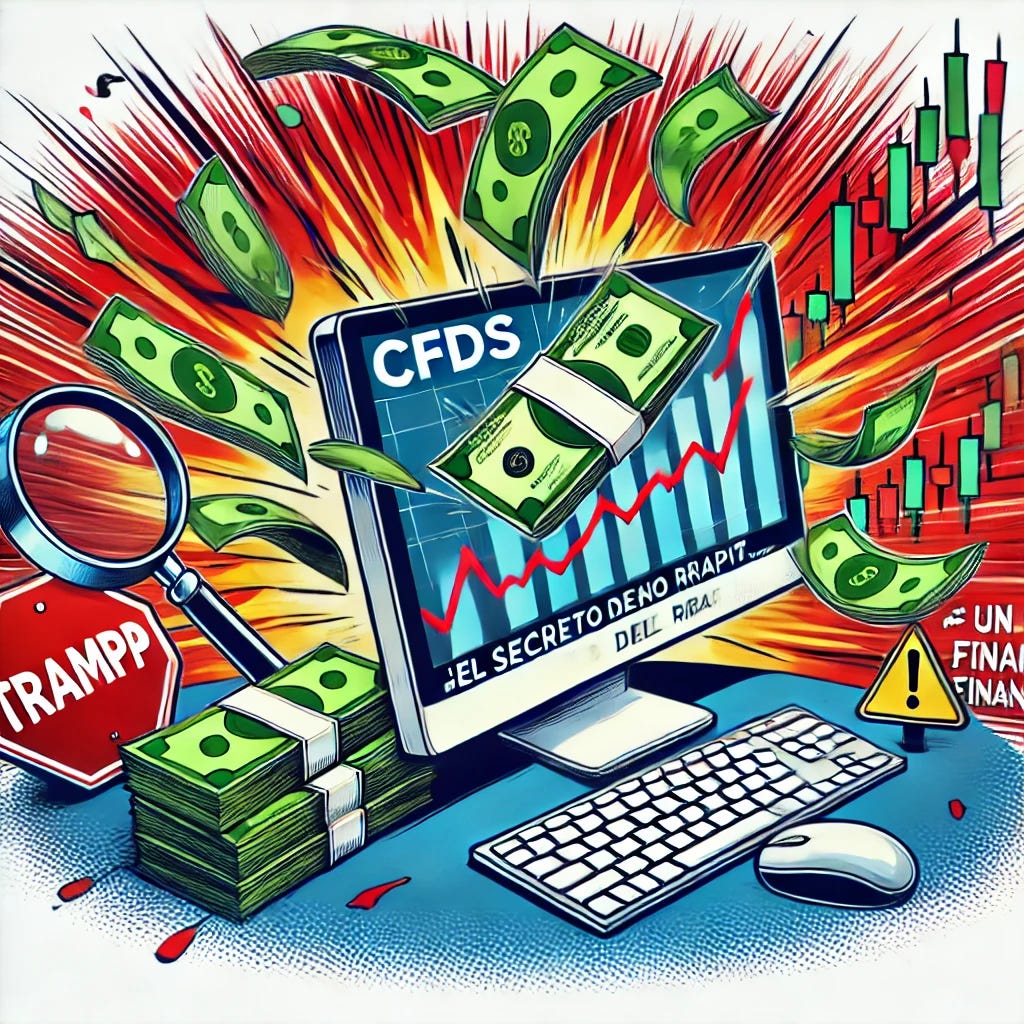 A bold, professional pop-art style illustration titled 'CFDs: El Secreto del Dinero Rápido… ¿O una Trampa Financiera Perfecta?'. Featuring a stack of cash exploding from a computer screen with financial charts and red warning signs. The scene includes dollar bills flying in multiple directions, contrasting green and red arrows indicating market volatility, and a magnifying glass highlighting the word 'Trampa'. Clean, minimalistic, and sharp with high contrast, following a vibrant pop-art style. Format: 16:9, 1920x1080 resolution.