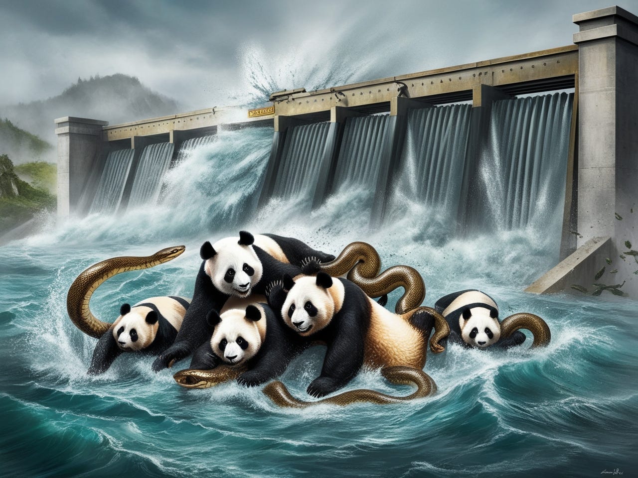 A dramatic scene of a massive flood gate bursting open, releasing a torrent of churning water that sweeps away a group of pandas and snakes, their bodies tumbling and twisting in the turbulent flow, with the pandas' distinctive black and white fur and the snakes' scaly bodies glistening wet, set against a misty, grey-blue background with hints of greenery from the surrounding landscape, the water's surface glistening with sunlight, and the atmosphere charged with energy and chaos.